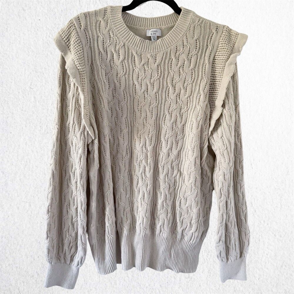Women's Crown & Ivy Cable Knit Ruffle Cotton Blend Sweater XXL 2XL Tan Beige